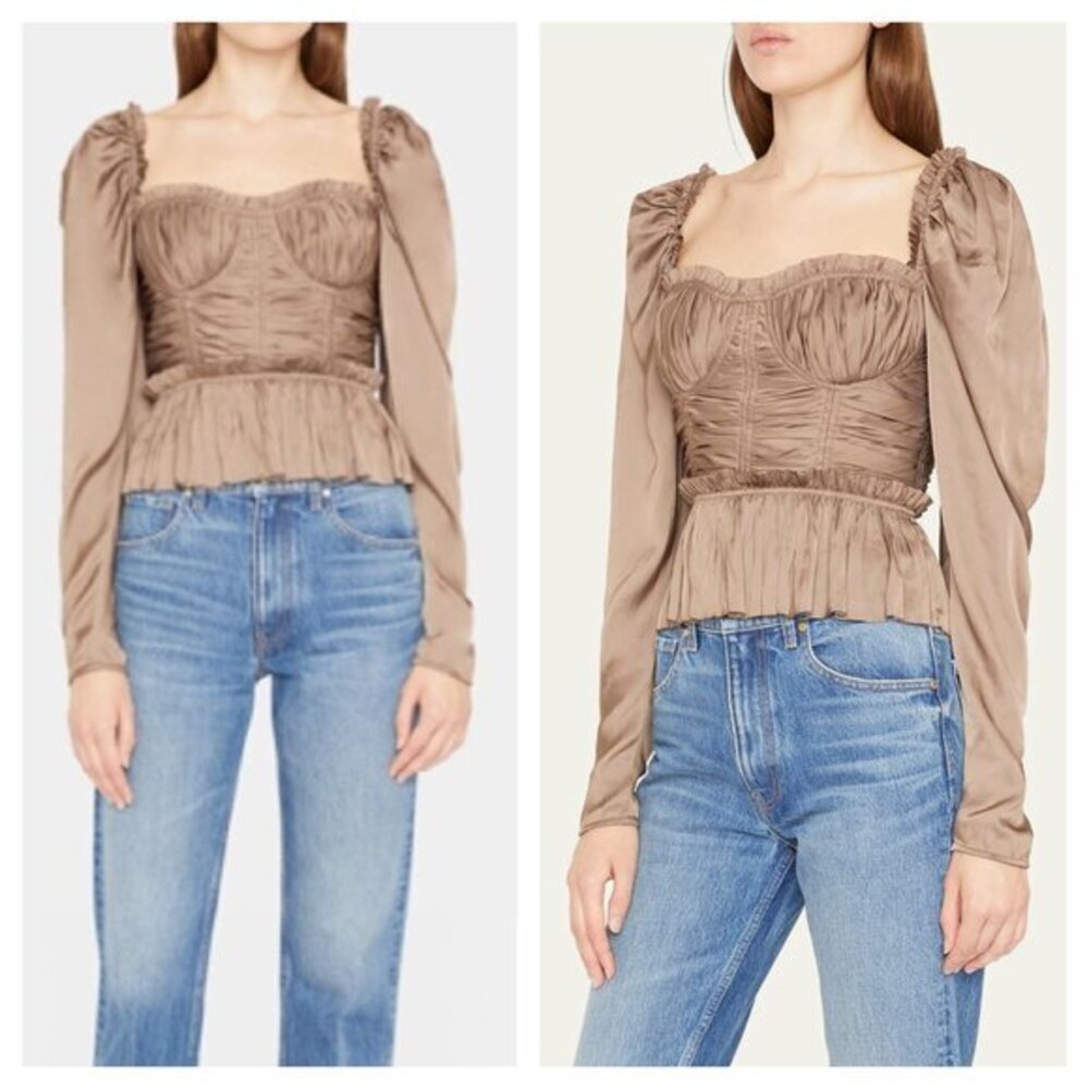 Ulla Johnson Mia Ruched Corseted Peplum Blouse 12 Tan/Light Brown Satin